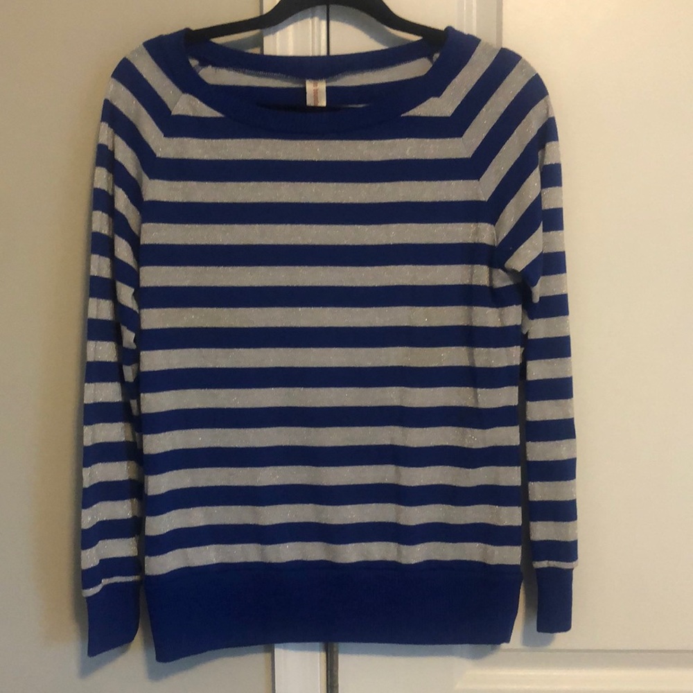 No boundaries silver and royal blue striped sweater. Silver sparkles in stripe.